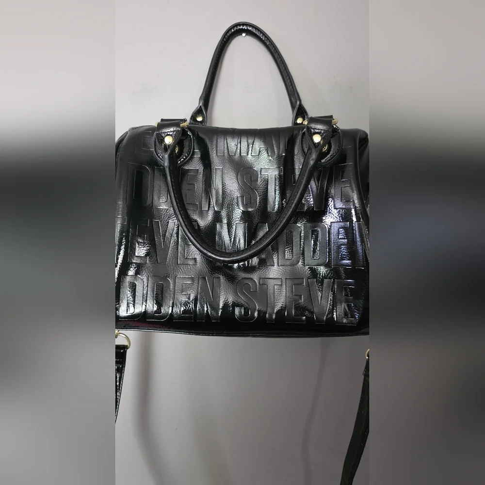 Steve Madden Logo Monochrome Black and Gold Satchel Crossbody Purse OS